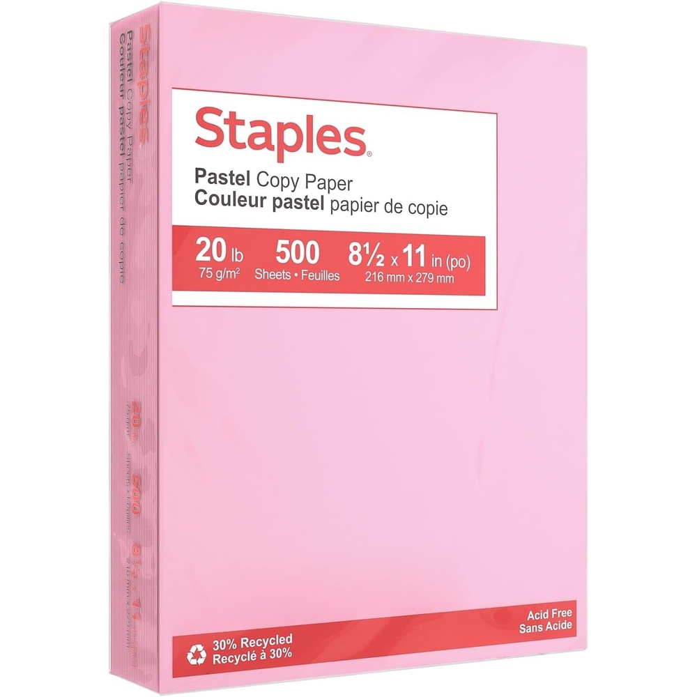image:imageStaples 30 Recycled 85 x 11 Inch 20 lbs 500Sheets Pack Blue For Office School amp HomePink