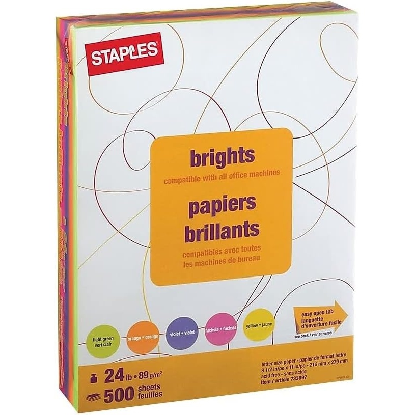 image:imageStaples Brights 24 Lb Colored Paper Green 500Ream For Everyday Use at Home or OfficeNeon Assorted