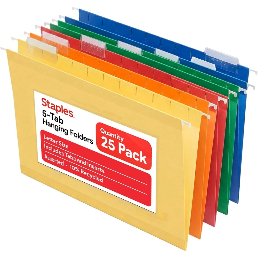 image:imageStaples Hanging File Folders Letter Size 15Cut Tabs Assorted Colors Adjustable Tabs with Paper Inserts 25Pack