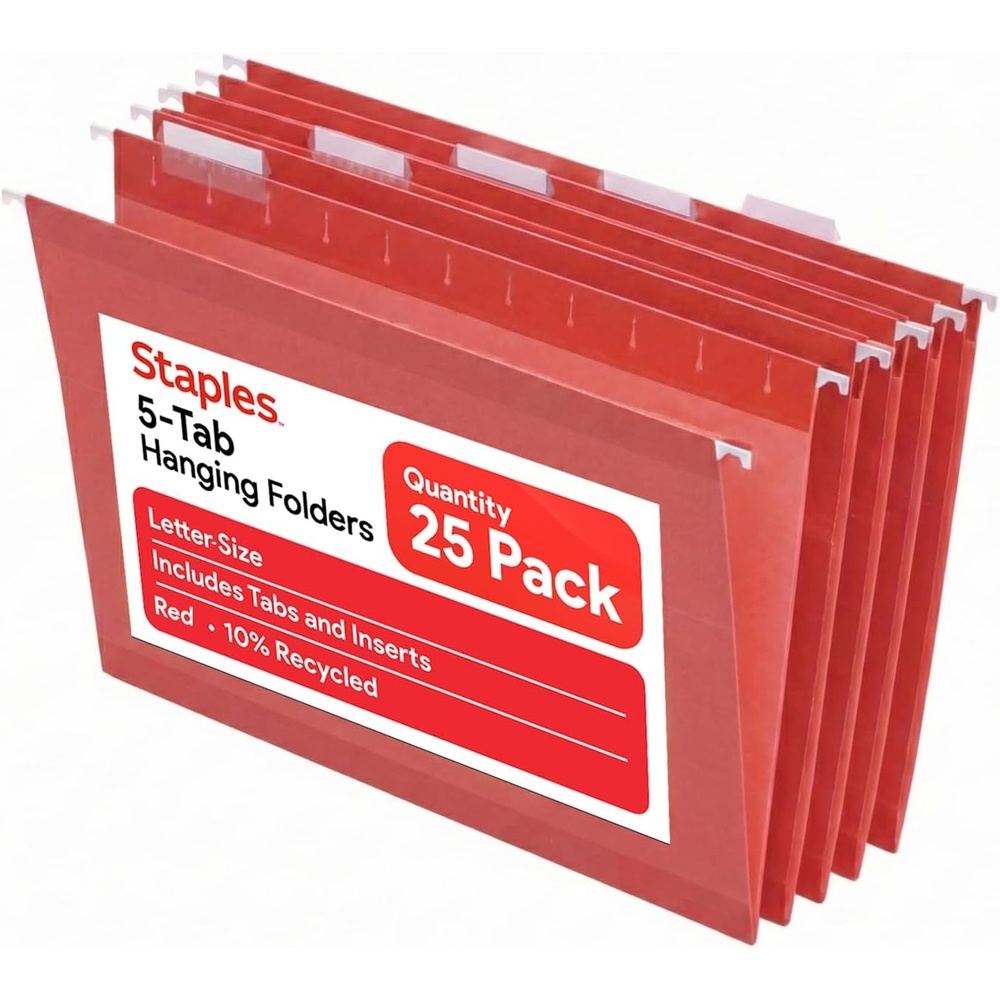 image:imageStaples Hanging File Folders Letter Size Purple 15Cut Tabs TearResistant Includes Tabs amp Inserts 25PackRed