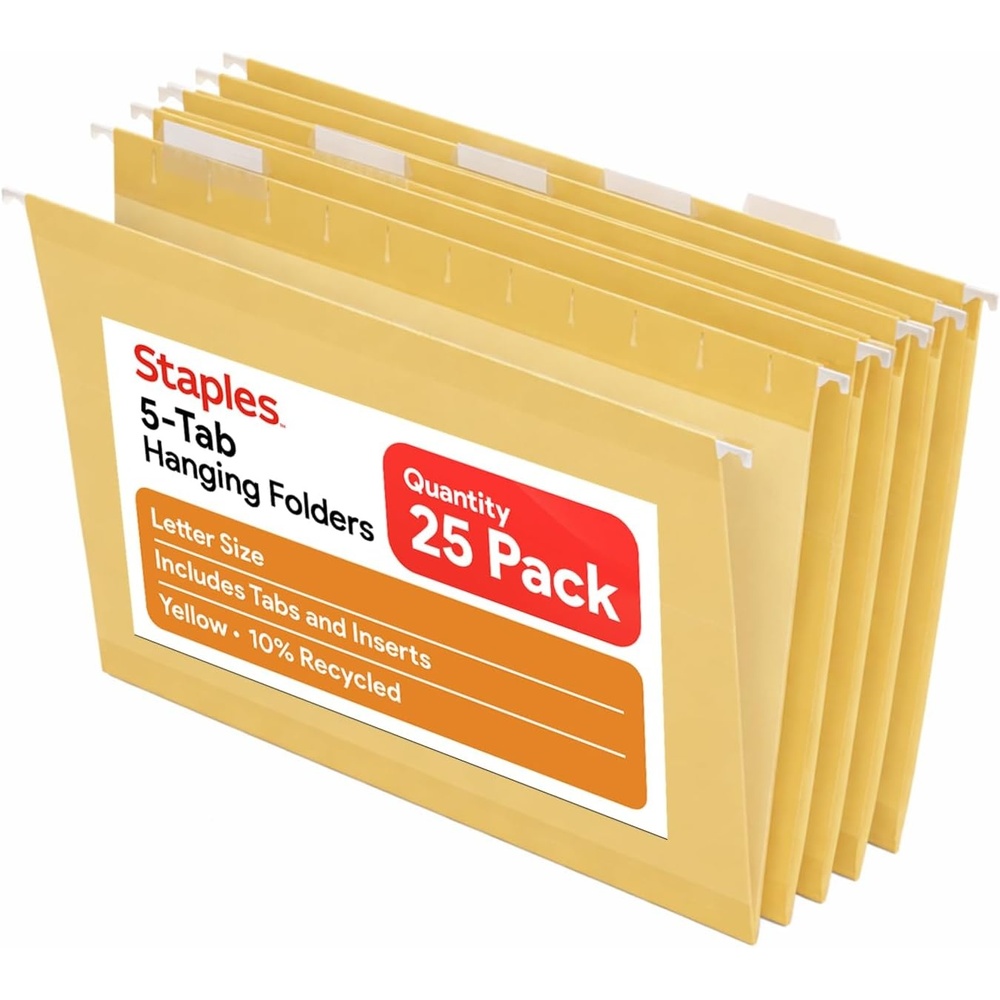 image:imageStaples Hanging File Folders Letter Size Purple 15Cut Tabs TearResistant Includes Tabs amp Inserts 25PackYellow