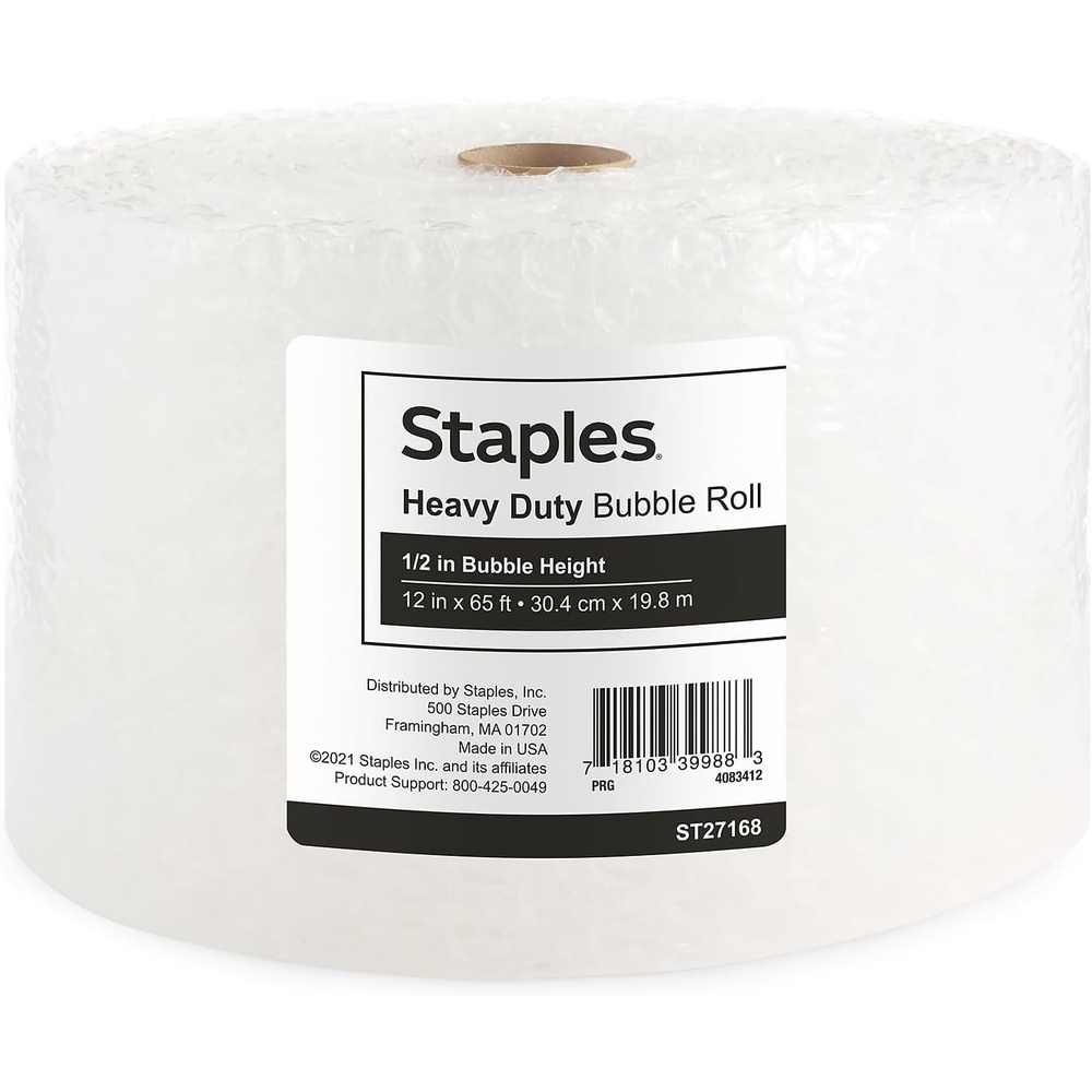 image:imageStaples HeavyDuty Bubble Cushioning Roll 12 Large Bubble 12 x 65 HighImpact Protection for Fragile Shipping Items