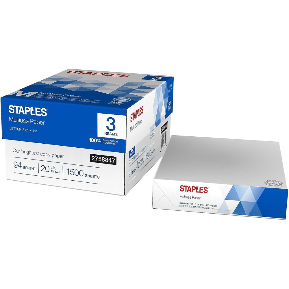 image:imageStaples Multiuse 85Inch X 11Inch Copy Paper 20 Lbs 94 Brightness 500Rm 5 RmCt1 500 Sheets