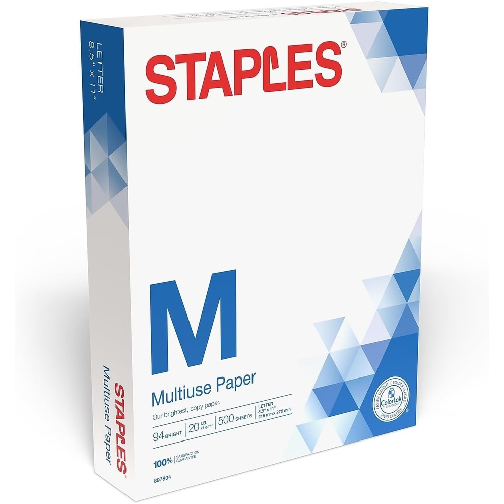 image:imageStaples Multiuse 85Inch X 11Inch Copy Paper 20 Lbs 94 Brightness 500Rm 5 RmCt500 Sheets