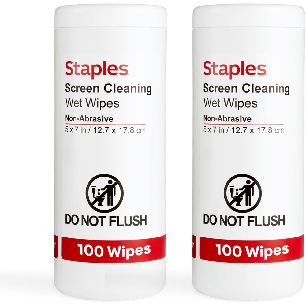 image:imageStaples Screen Cleaning Wipes 100 per Tub Safe for Monitors Laptops amp Electronics 2Pack2 Pack