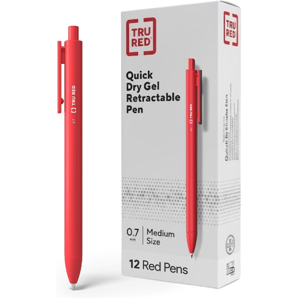 image:imageStaples TRU RED Retractable Gel Pens Medium Point 07mm Blue Ink 12 Pack QuickDry Pens for Smooth SmearFree WritingRed