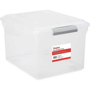 STAPLES Hanging File Folder Box, Storage Bin Organizer, Snap Lid, Letter & Legal Size Documents, Clear(Clear)