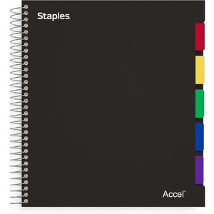 STAPLES Premium 5‑Subject Notebook, 8.5” x 11”, College Ruled, 150 Sheets, Black, 3‑Pack