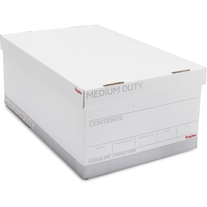 STAPLES Storage & Filing Box, Heavy-Duty with Handles & Removable Lid, Letter & Legal Size Documents, Stackable, 4-Pack, White/Gray(4 Pack)