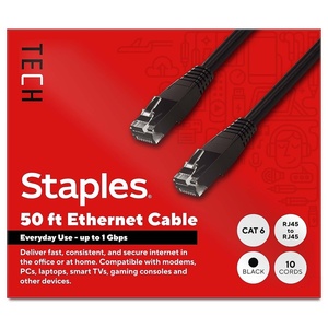 STAPLES TECH Cat‑6 Ethernet Cable – 50 ft., RJ45 Male‑to‑Male Network Patch Cable, Black, 10/Pack