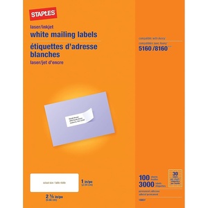 Staples 1″ x 2-5/8″ Address Labels, White – Easy-Peel Printable Laser & Inkjet Mailing Labels, 30 Labels per Sheet, 100-Pack(3 000 Labels)