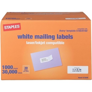 Staples 1″ x 2-5/8″ Address Labels, White – Easy-Peel Printable Laser & Inkjet Mailing Labels, 30 Labels per Sheet, 100-Pack(30 000 Labels)