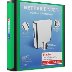 Staples 2-Inch 3-Ring Better Binder, Durable View Binder for Office & School Storage, Green, 2-Pack