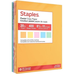Staples 30% Recycled, 8.5 x 11 Inch, 20 lbs, 500-Sheets Pack, Blue, For Office, School & Home(Assorted)