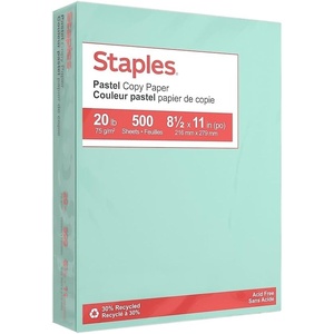 Staples 30% Recycled, 8.5 x 11 Inch, 20 lbs, 500-Sheets Pack, Blue, For Office, School & Home(Turquoise)