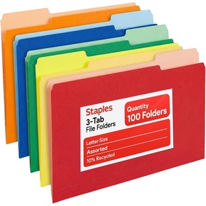 Staples File Folders, Letter Size, 1/3‑Cut Tabs, Assorted Colors, Durable 10.5‑Point Paper Stock, 100/Pack(5 Assorted Colors)