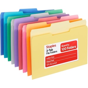 Staples File Folders, Letter Size, 1/3‑Cut Tabs, Assorted Colors, Durable 10.5‑Point Paper Stock, 100/Pack(9 Colors)