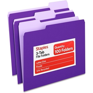 Staples File Folders, Letter Size, 1/3‑Cut Tabs, Assorted Colors, Durable 10.5‑Point Paper Stock, 100/Pack(Purple)