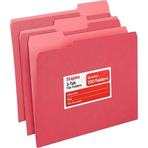 Staples File Folders, Letter Size, 1/3‑Cut Tabs, Assorted Colors, Durable 10.5‑Point Paper Stock, 100/Pack(Red)