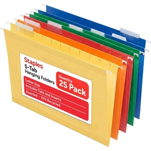 Staples Hanging File Folders, Letter Size, 1/5‑Cut Tabs, Assorted Colors, Adjustable Tabs with Paper Inserts – 25/Pack