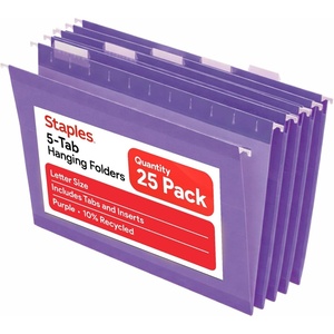 Staples Hanging File Folders, Letter Size, Purple, 1/5‑Cut Tabs, Tear‑Resistant, Includes Tabs & Inserts – 25/Pack(Purple)