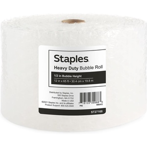 Staples Heavy‑Duty Bubble Cushioning Roll, 1/2” Large Bubble, 12” x 65’, High‑Impact Protection for Fragile Shipping Items