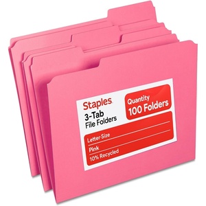 Staples Reinforced File Folders, Letter Size, 1/3‑Cut Tabs, Assorted Colors, Heavy‑Duty 10.5‑Point Stock, 100/Box(Pink)