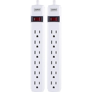Staples TECH 6‑Outlet Power Strip – 3 ft. Extension Cord for Home, Office & Dorm Room Use, White, 3‑Pack(2 Pack)