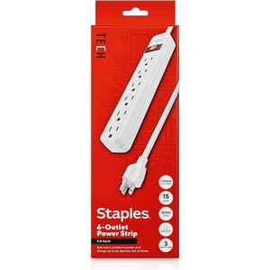 Staples TECH 6‑Outlet Power Strip – 3 ft. Extension Cord for Home, Office & Dorm Room Use, White, 3‑Pack(3 Pack)
